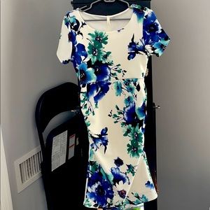 Blue and cream floral maternity dress